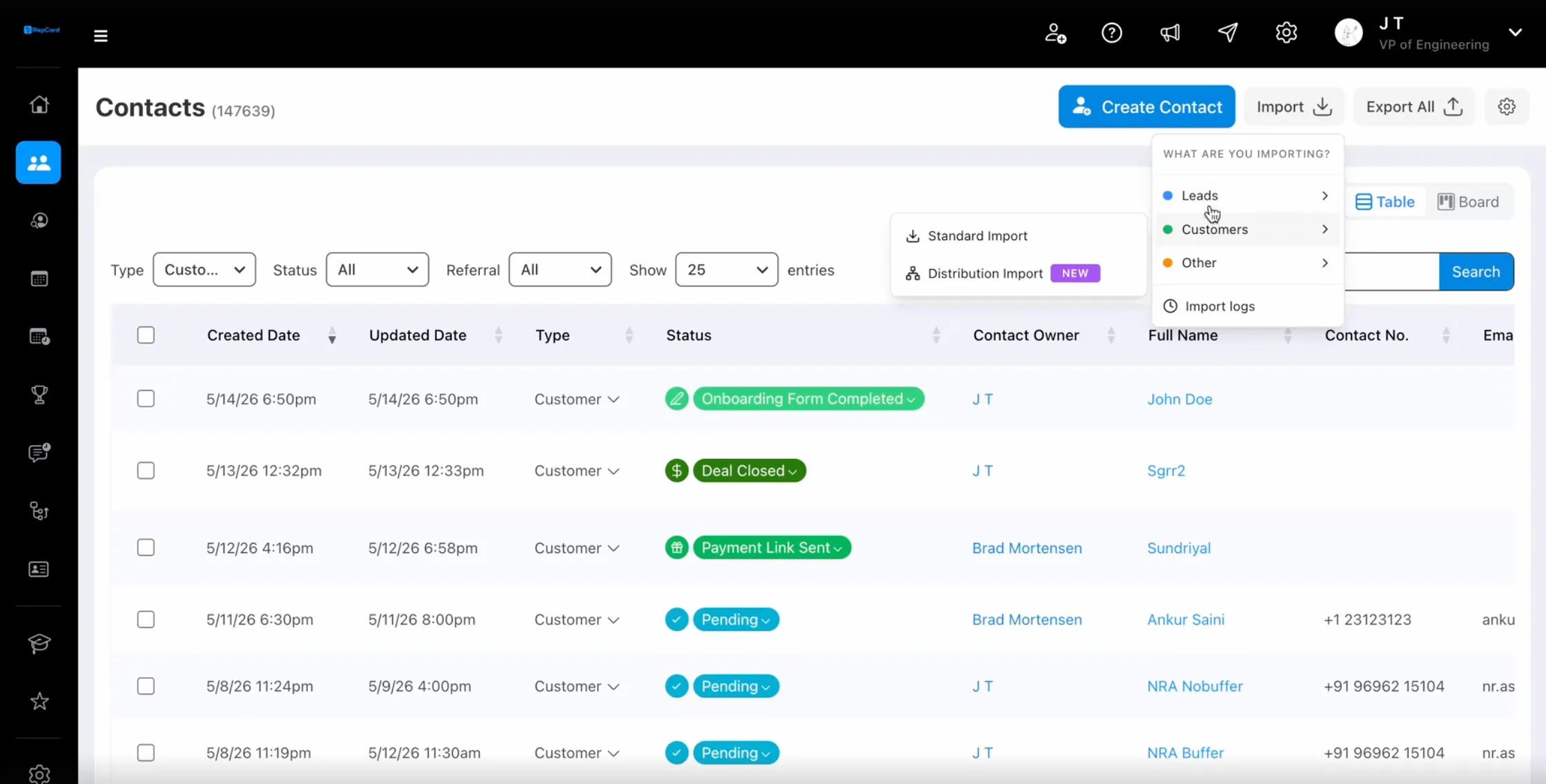 RepCard Admin Panel Contacts page with Import dropdown showing contact types and Import Logs for bulk lead import