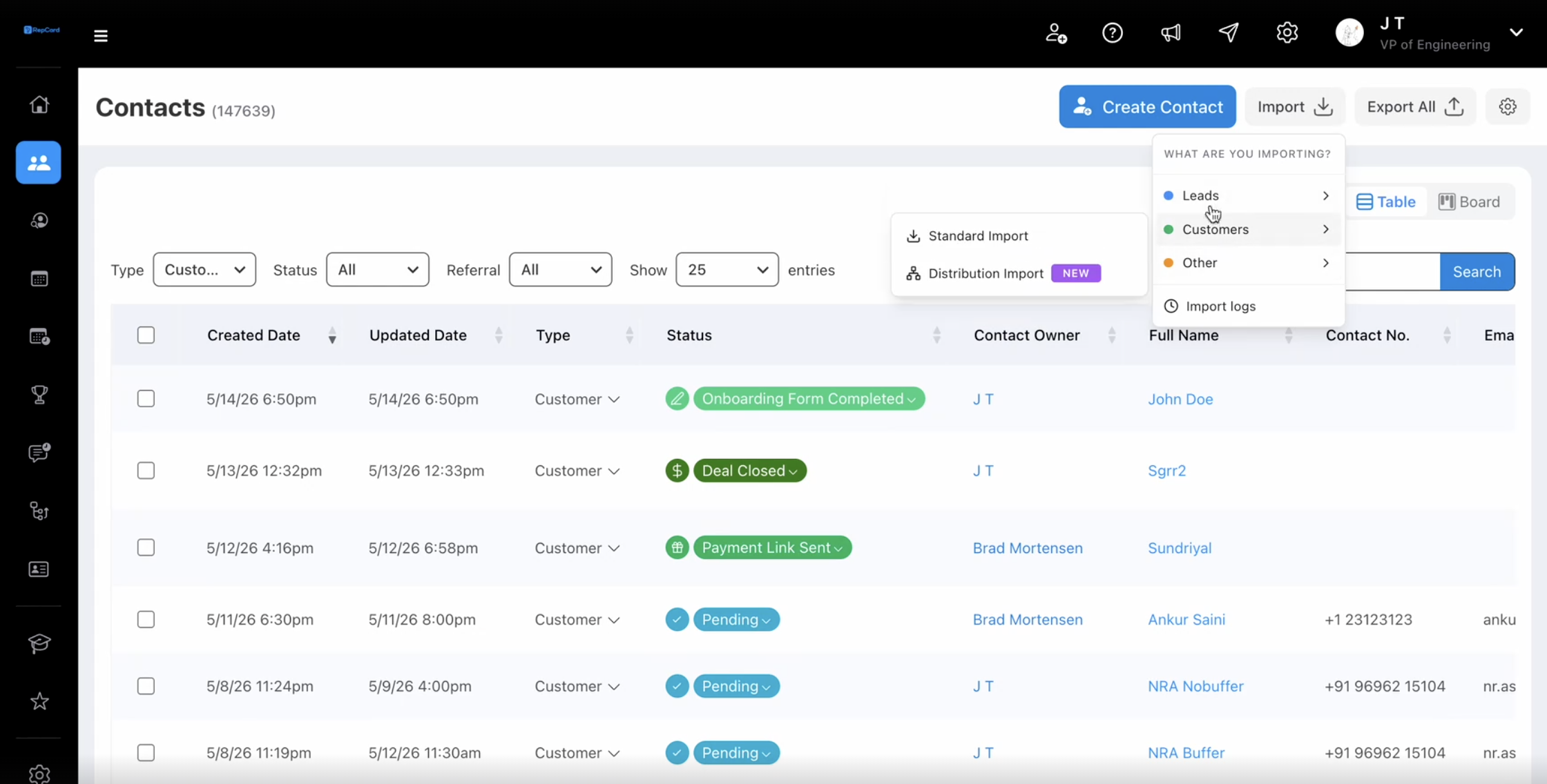 RepCard Admin Panel Contacts page with Import dropdown showing contact types and Import Logs for bulk lead import