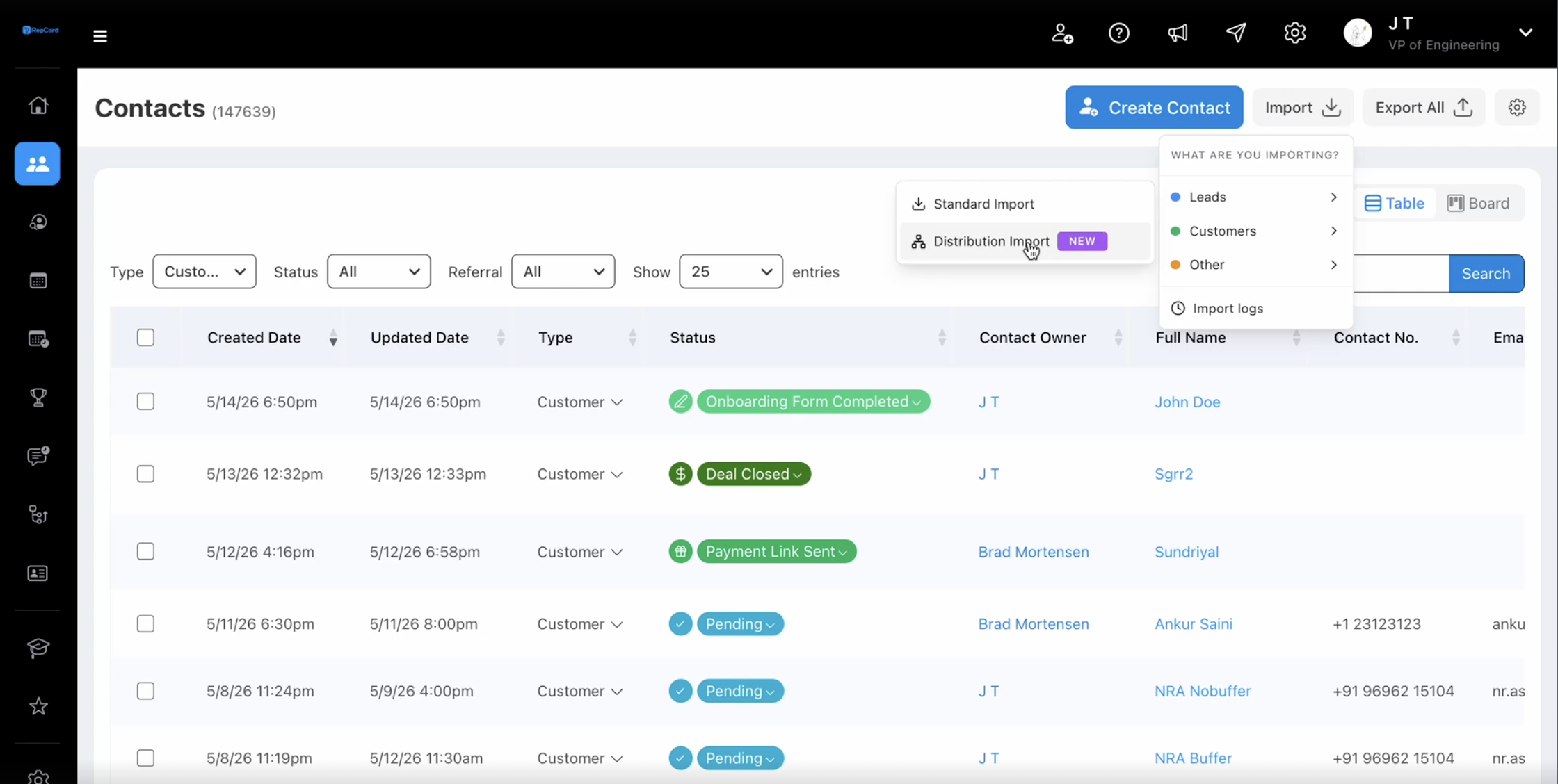 Import dropdown showing Standard Import and Distribution Import options for bulk lead import in RepCard