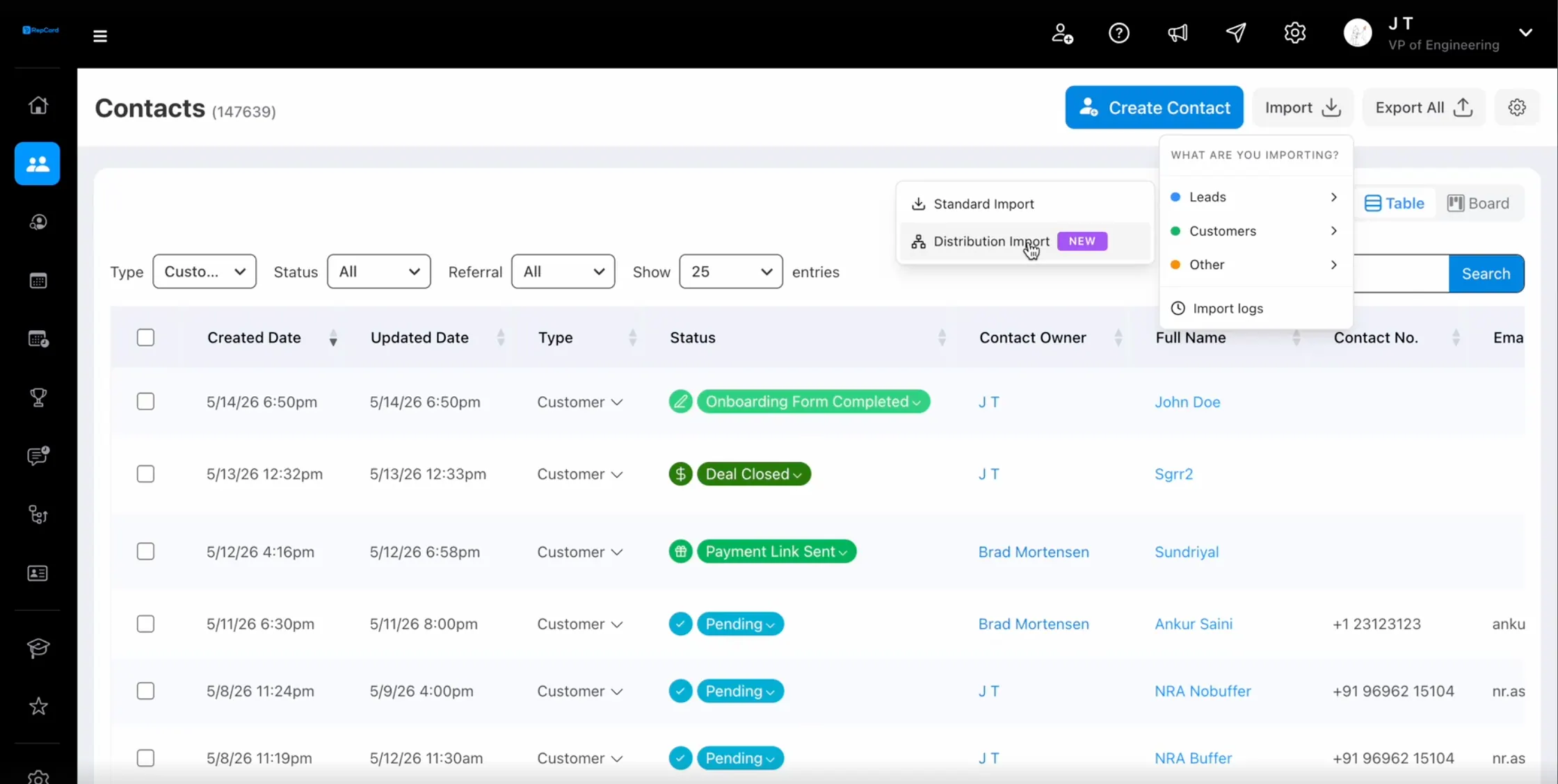 Import dropdown showing Standard Import and Distribution Import options for bulk lead import in RepCard