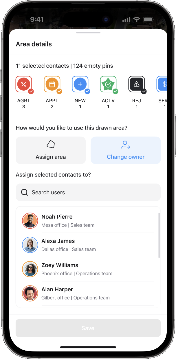 Area details drawer with status chips that can be selected or deselected