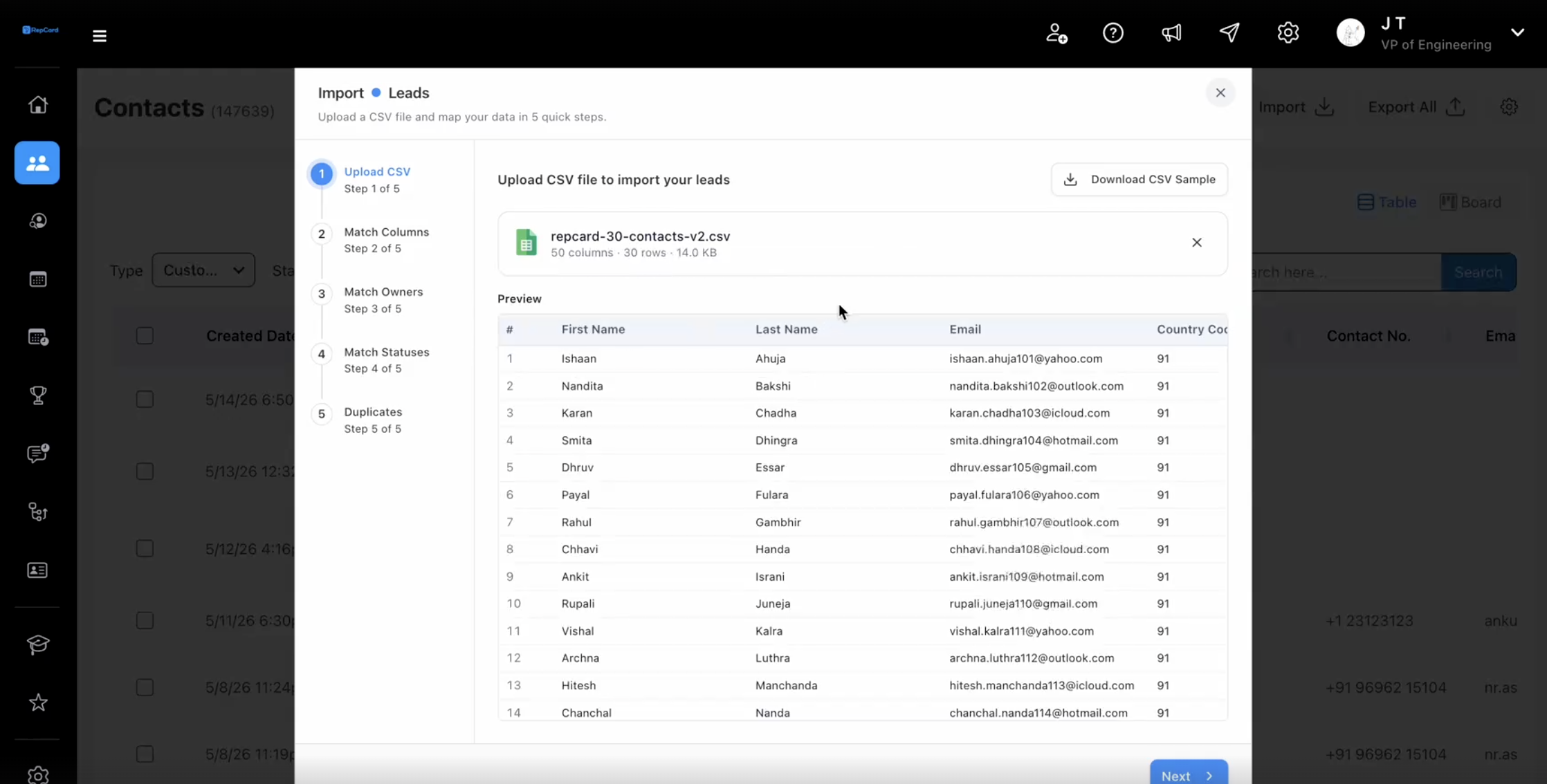 Step 1: RepCard CSV upload screen showing 30-row file preview during a bulk lead import