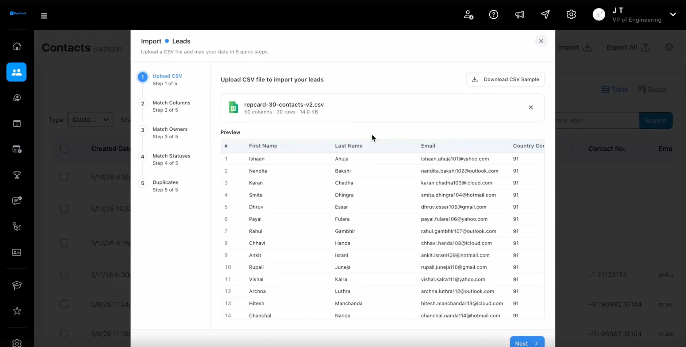 Step 1: RepCard CSV upload screen showing 30-row file preview during a bulk lead import