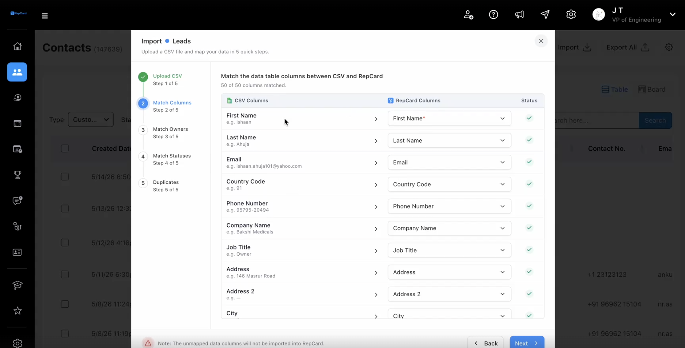 Step 2: RepCard column matching with auto-matched green status indicators during bulk lead import