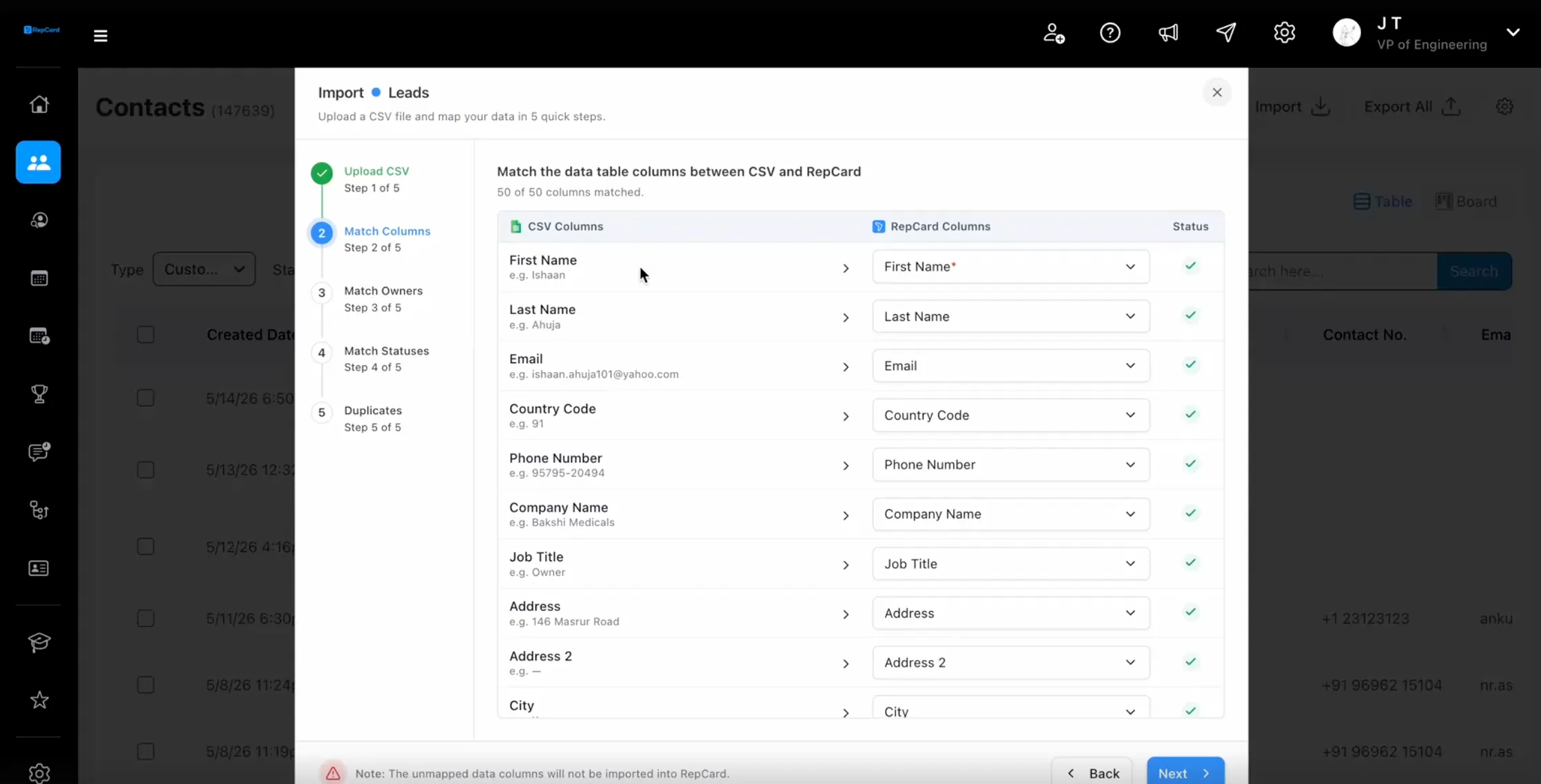 Step 2: RepCard column matching with auto-matched green status indicators during bulk lead import