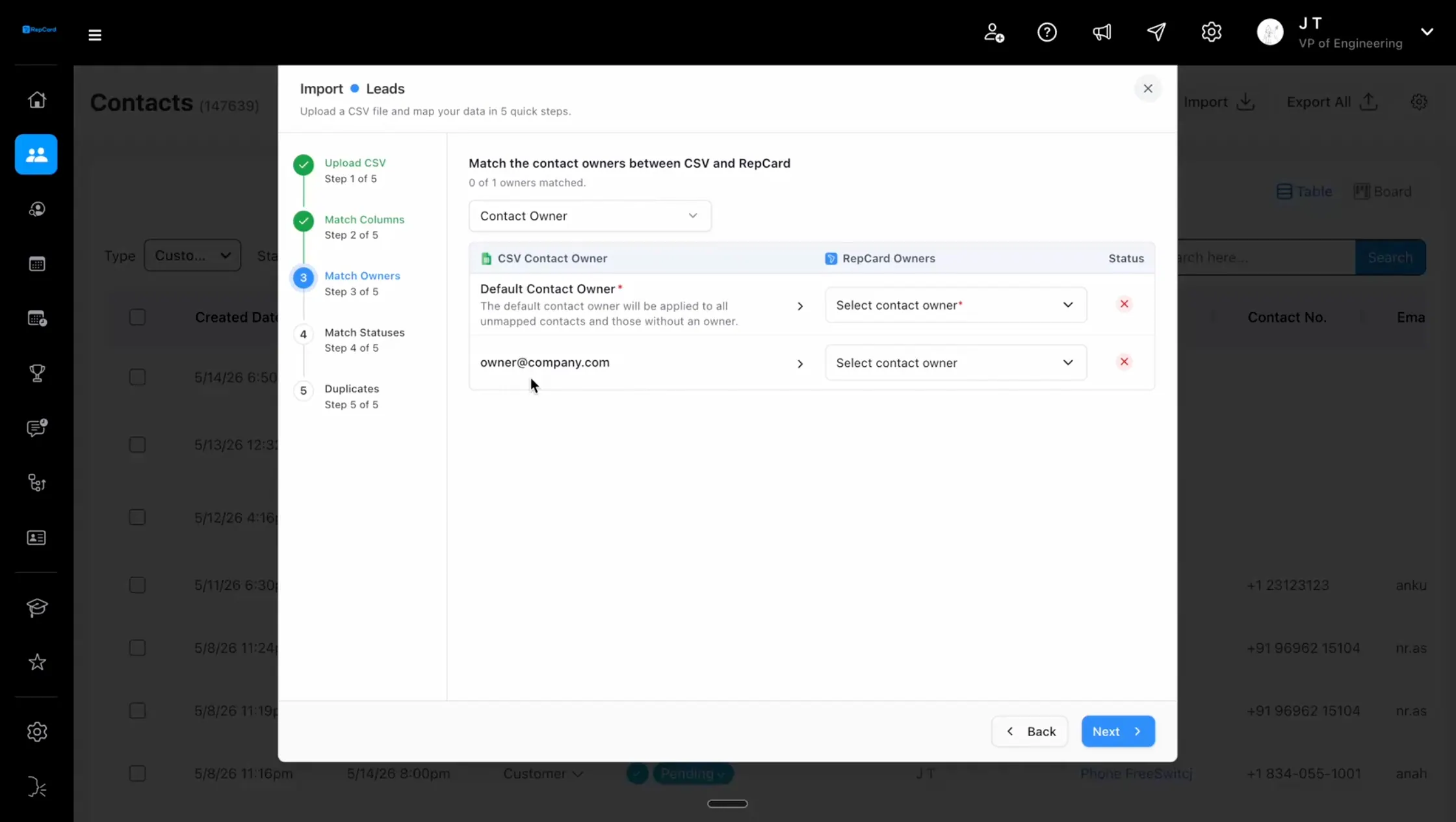 Step 3: RepCard owner matching screen with default owner and contact owner mapping during a bulk CSV import