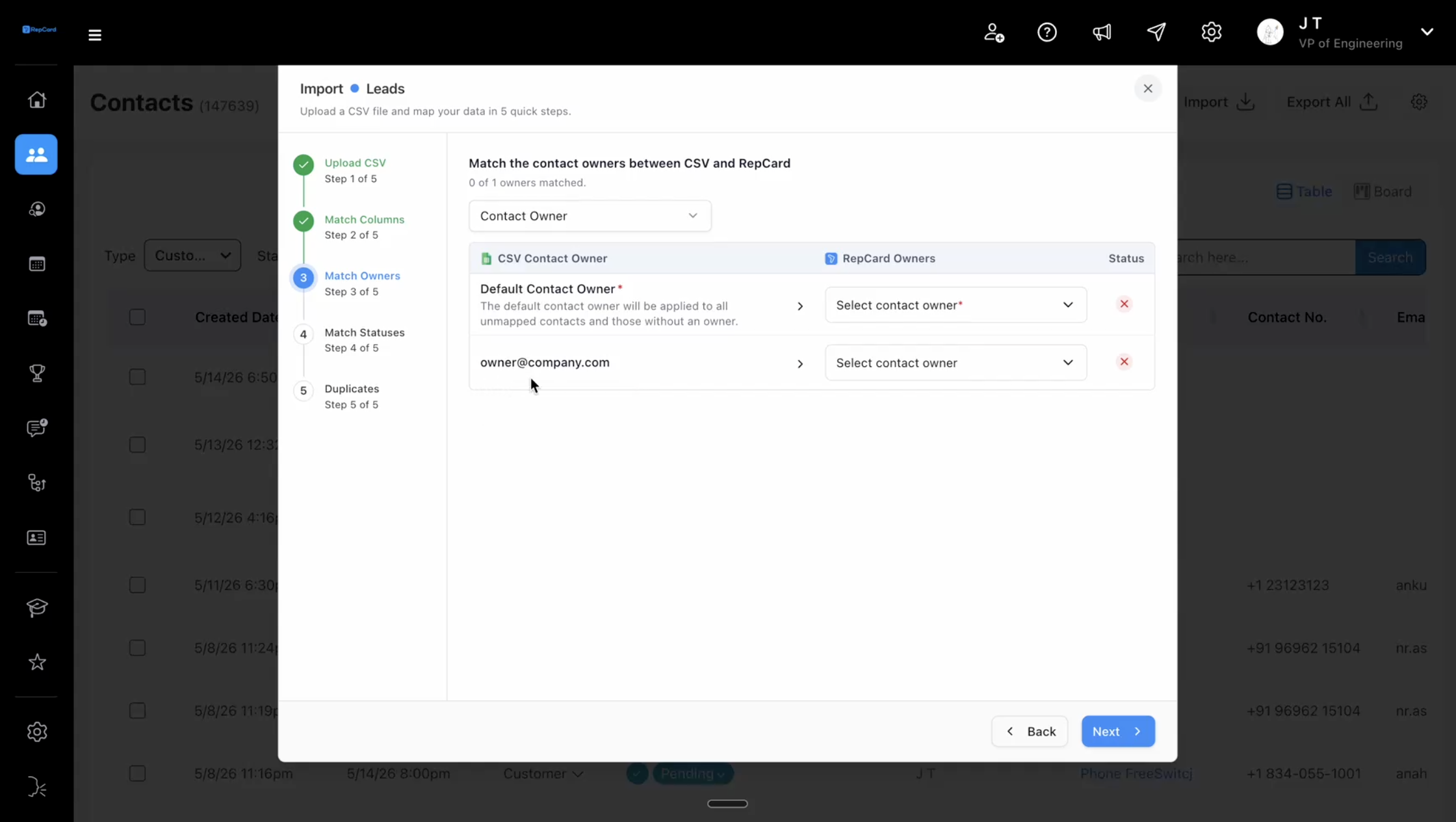 Step 3: RepCard owner matching screen with default owner and contact owner mapping during a bulk CSV import