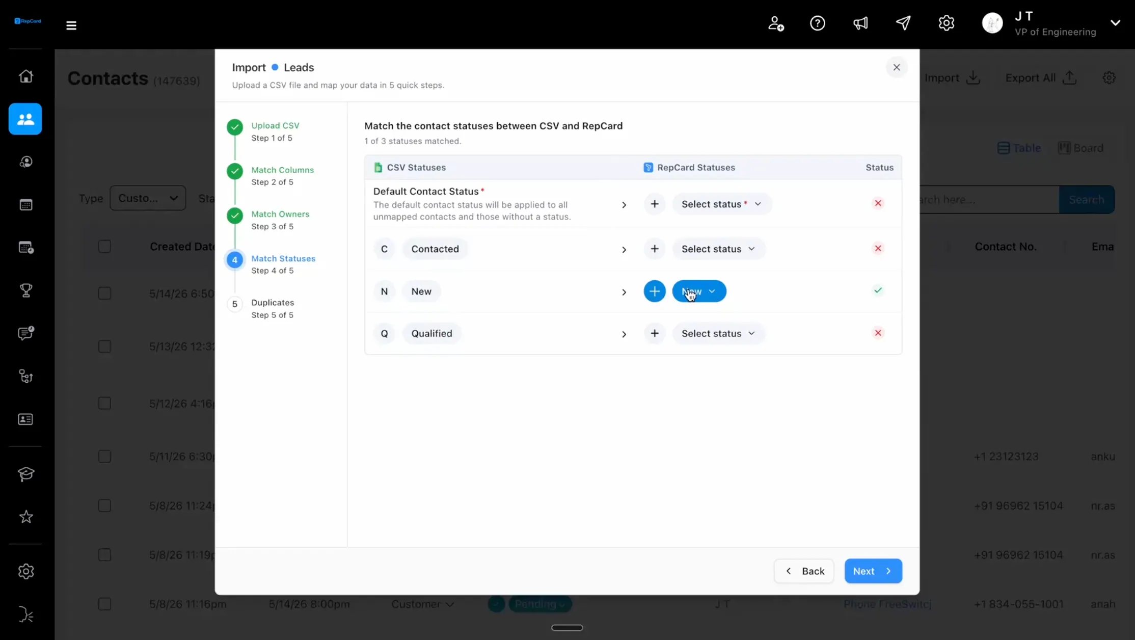 Step 4: RepCard status matching screen during a bulk lead import