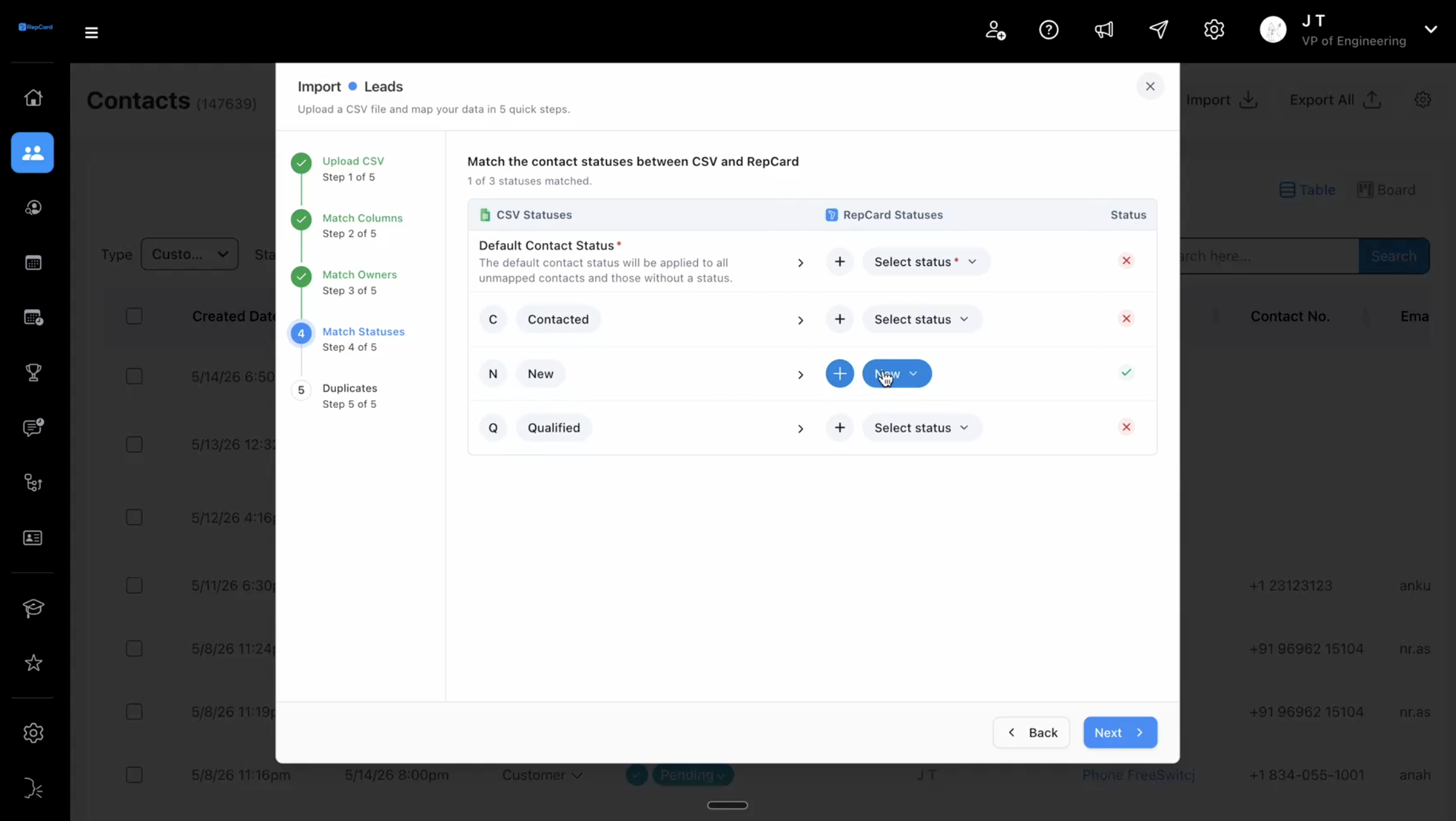 Step 4: RepCard status matching screen during a bulk lead import