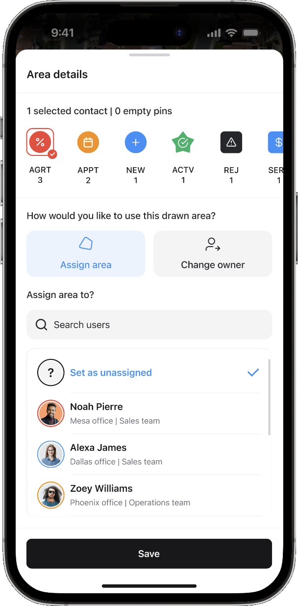 Assign area picker with the unassigned option highlighted