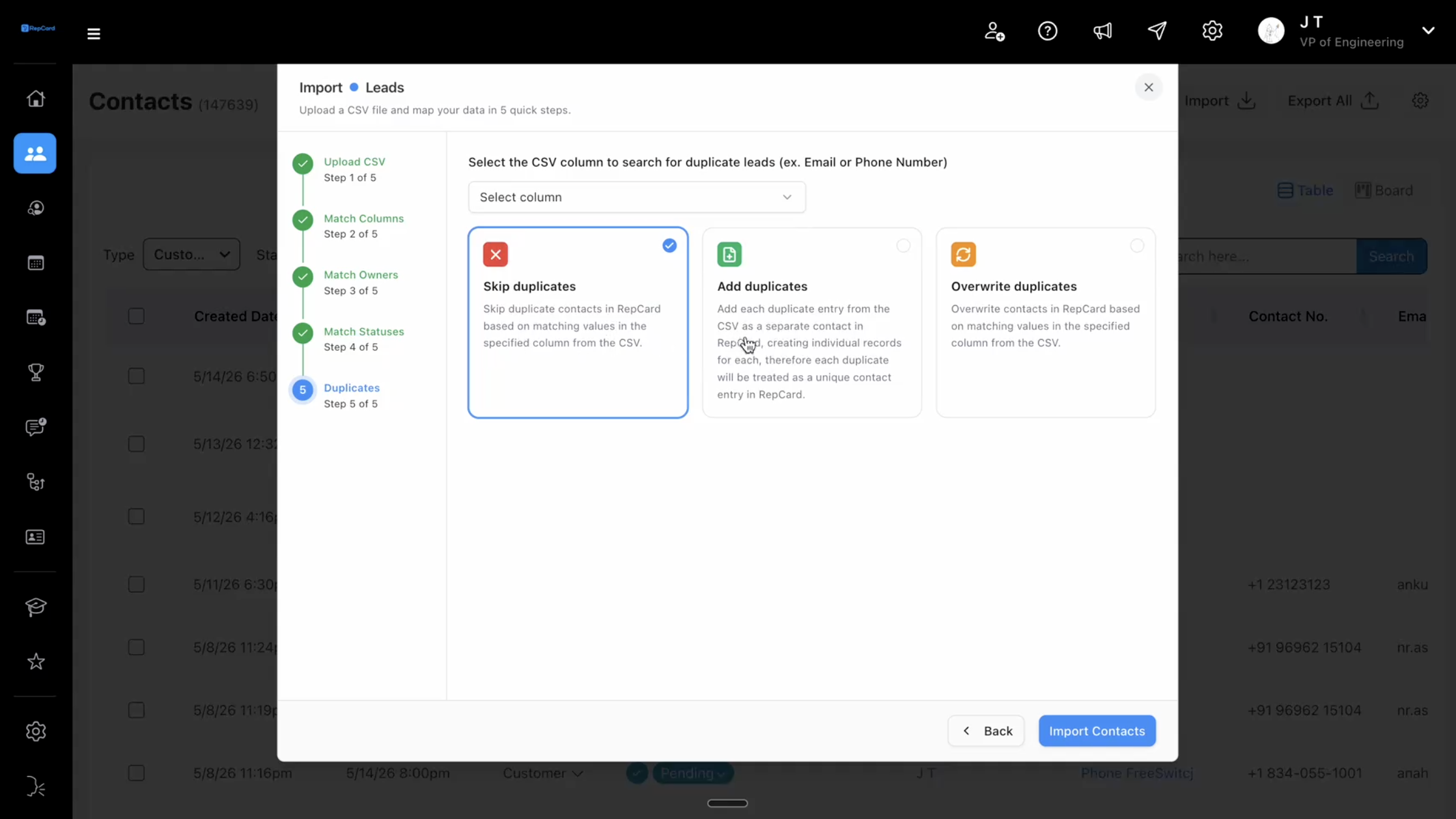 Step 5: RepCard duplicate handling screen showing Skip, Add, and Overwrite options for CSV imports