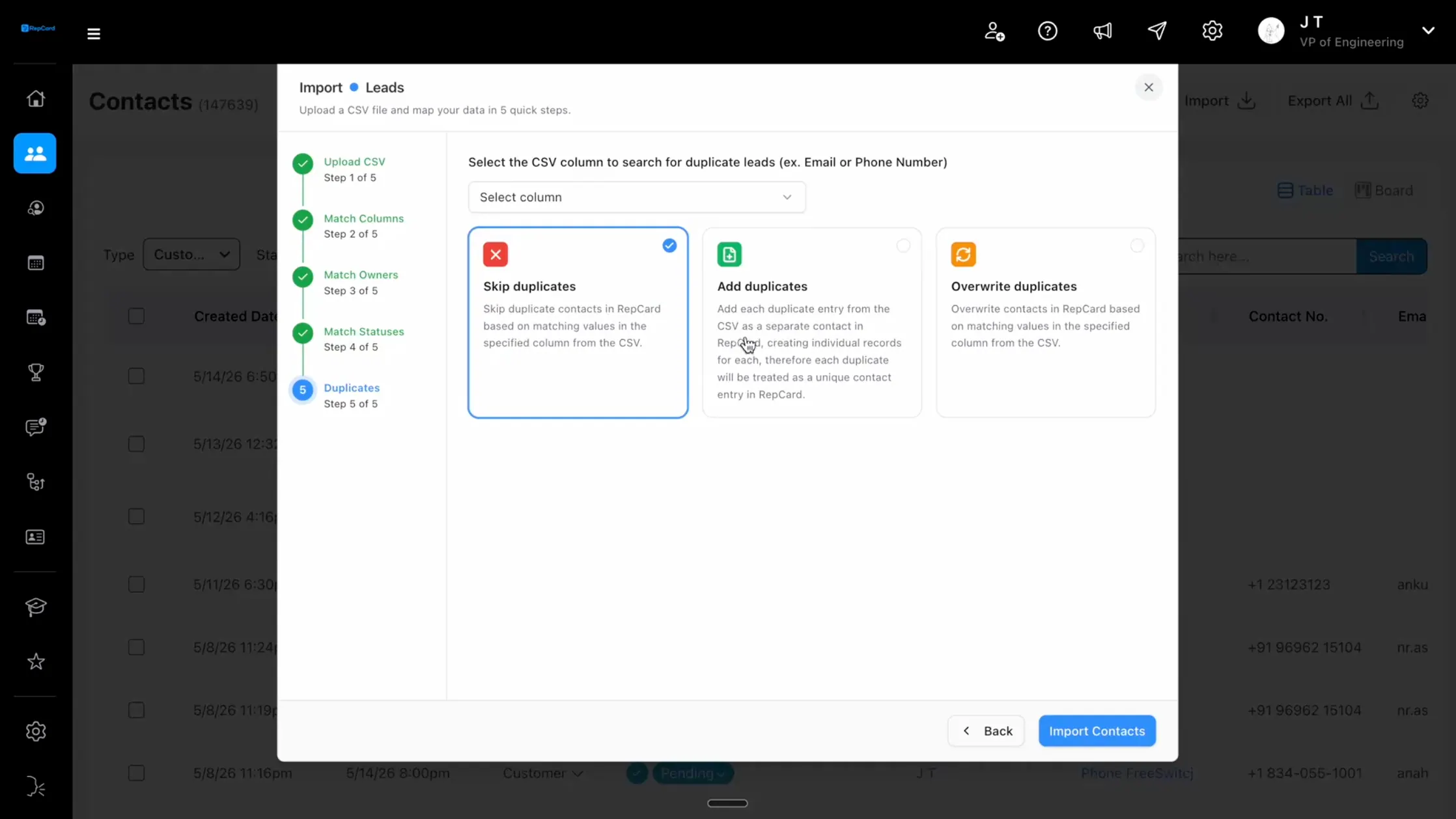 Step 5: RepCard duplicate handling screen showing Skip, Add, and Overwrite options for CSV imports