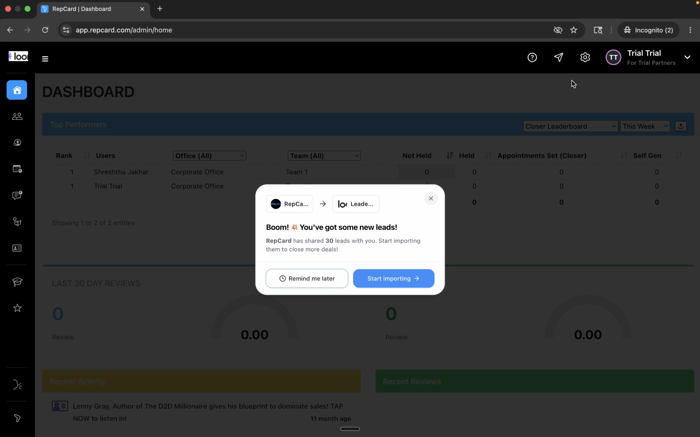 RepCard Boom notification alerting a subcompany that new leads have arrived from the parent company