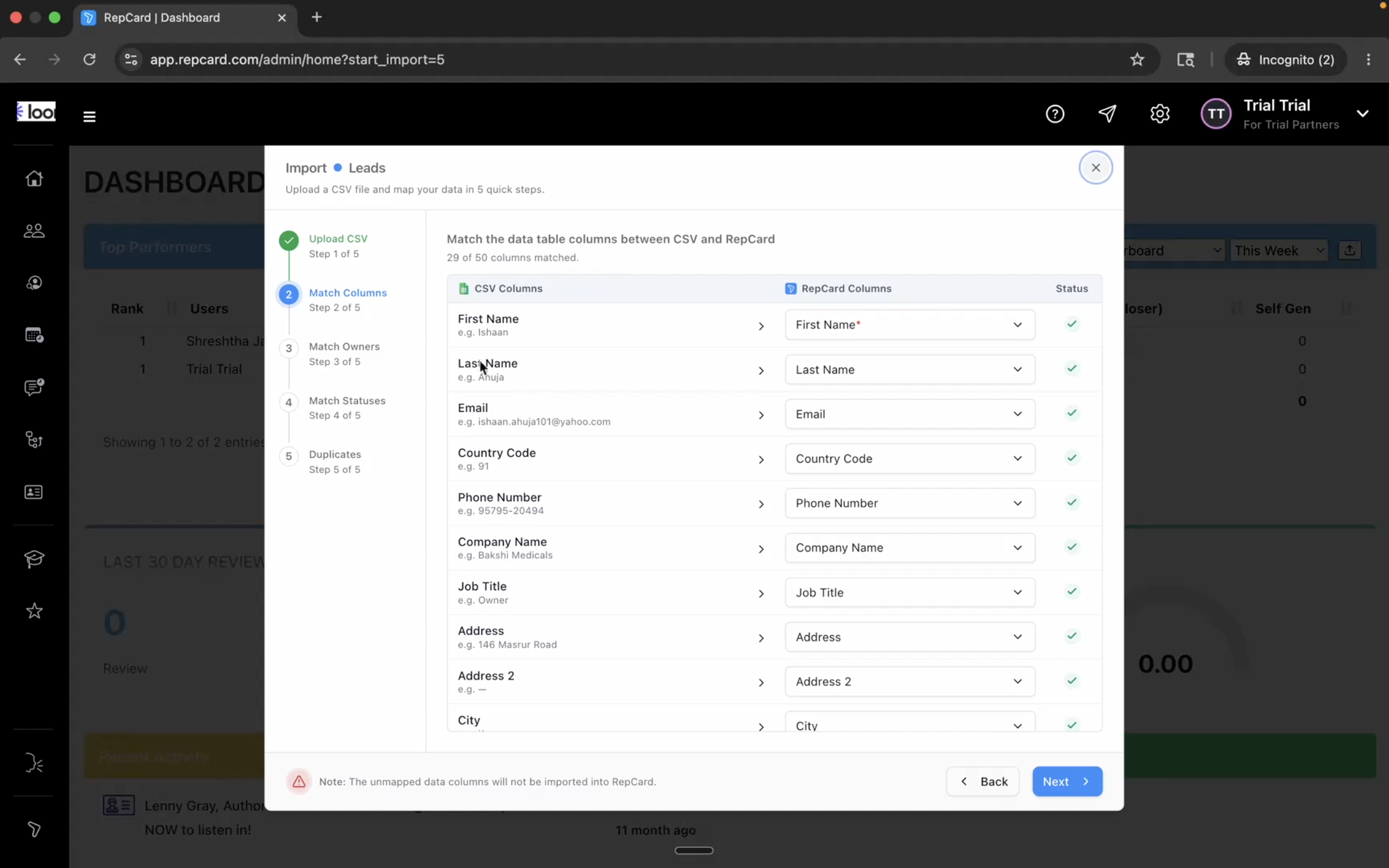 Subcompany user running Match Columns on a file distributed from the parent company in RepCard