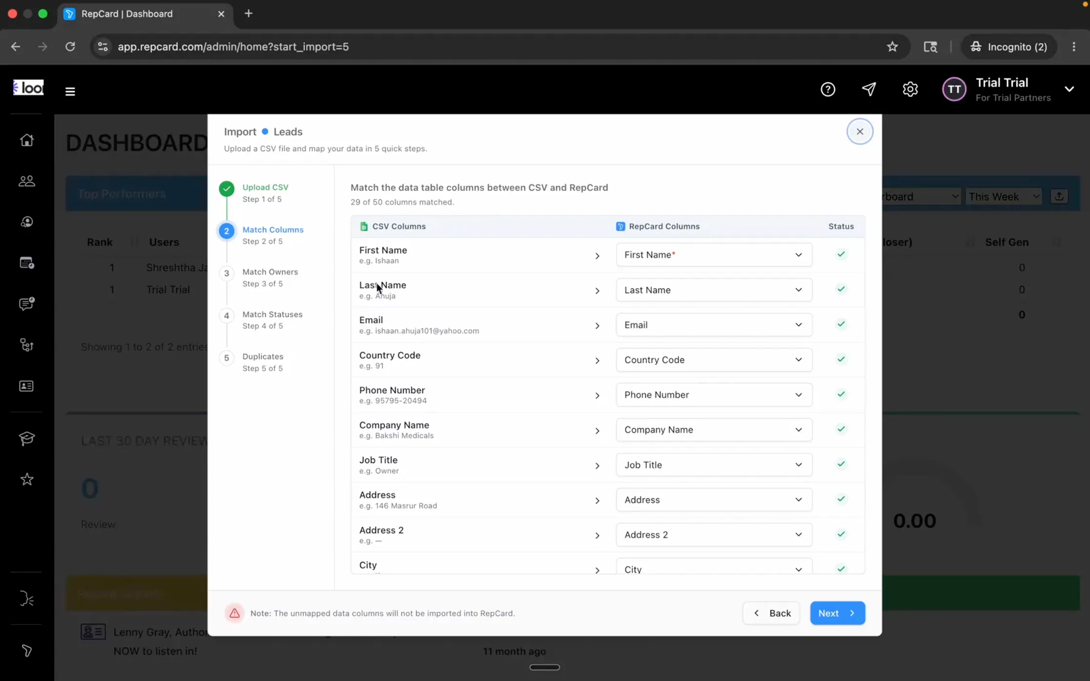 Subcompany user running Match Columns on a file distributed from the parent company in RepCard