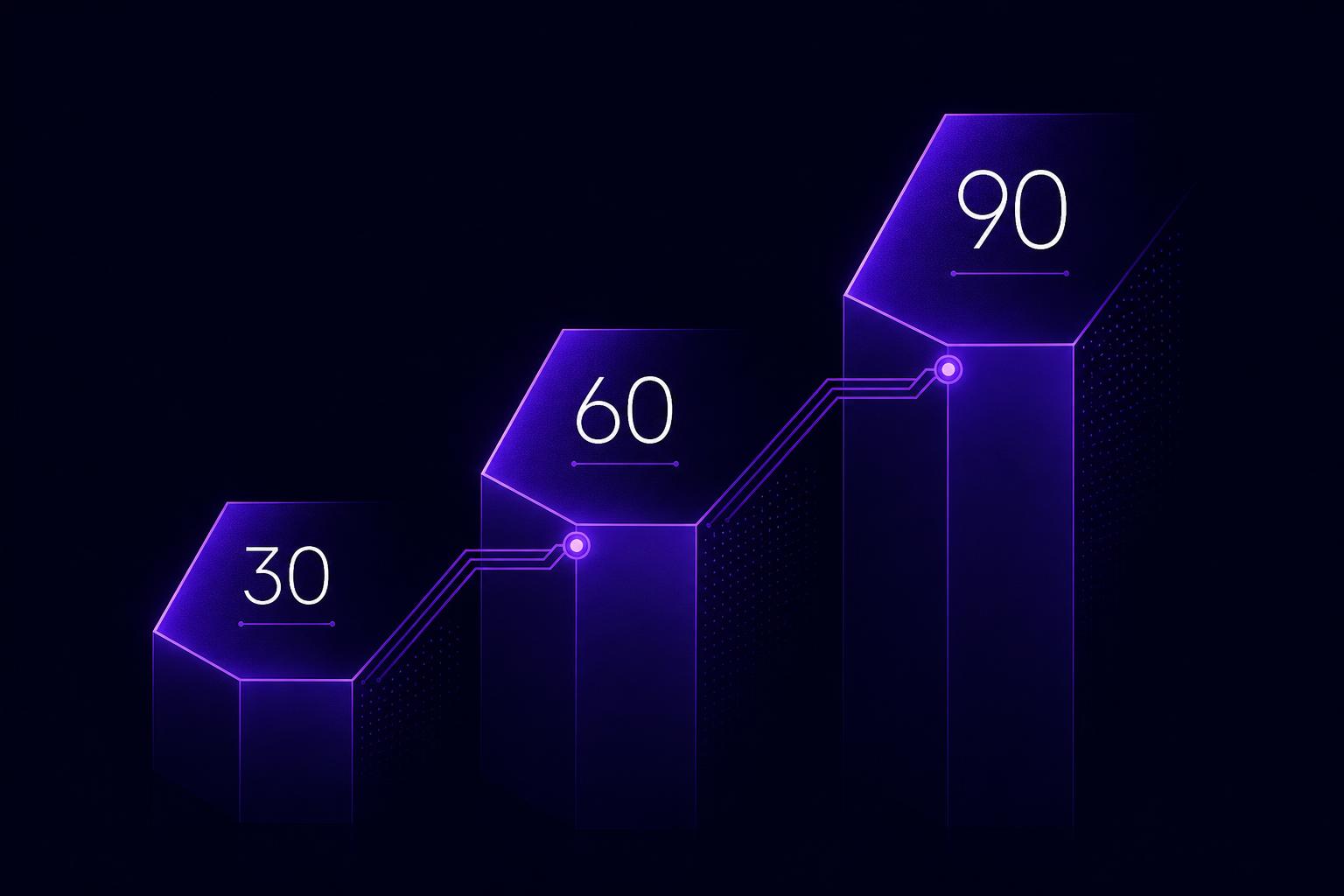 Three ascending glowing milestone markers with a rising arc on a deep navy background