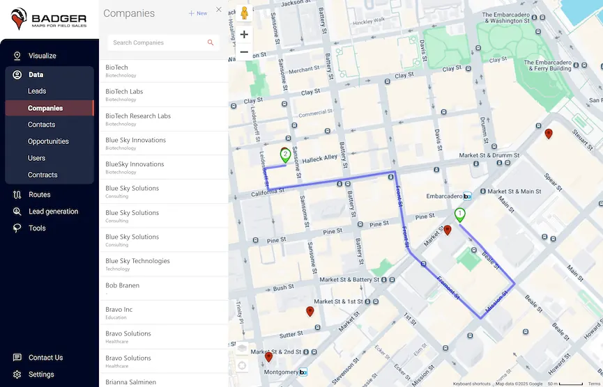 Badger Maps field sales routing software for outside reps