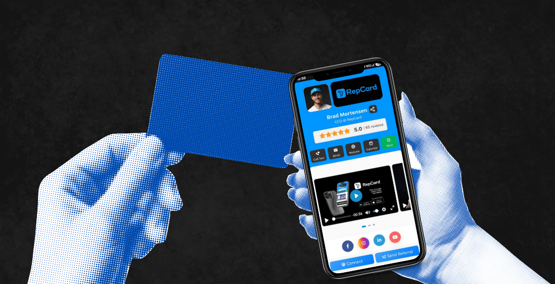 Professional sharing digital business card via smartphone