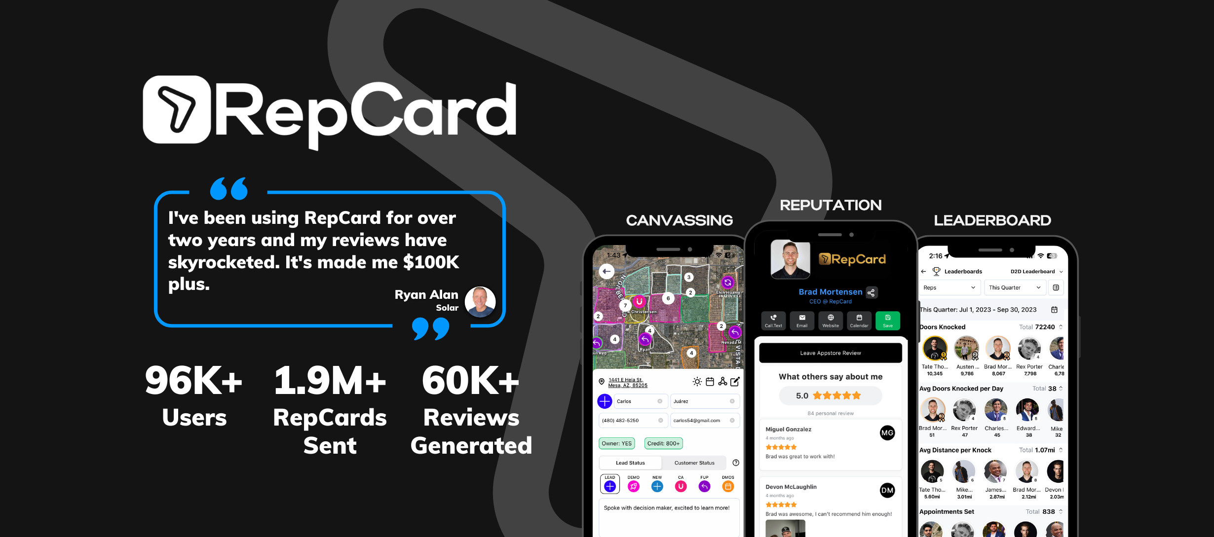 RepCard app showing digital business card on smartphone