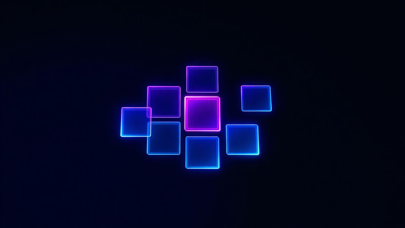 Abstract dark illustration of seven glowing translucent tiles in a hexagonal cluster with neon purple and blue accents, representing field sales software categories