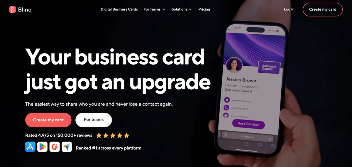Blinq homepage showing a digital business card on a phone with a 4.9 out of 5 rating