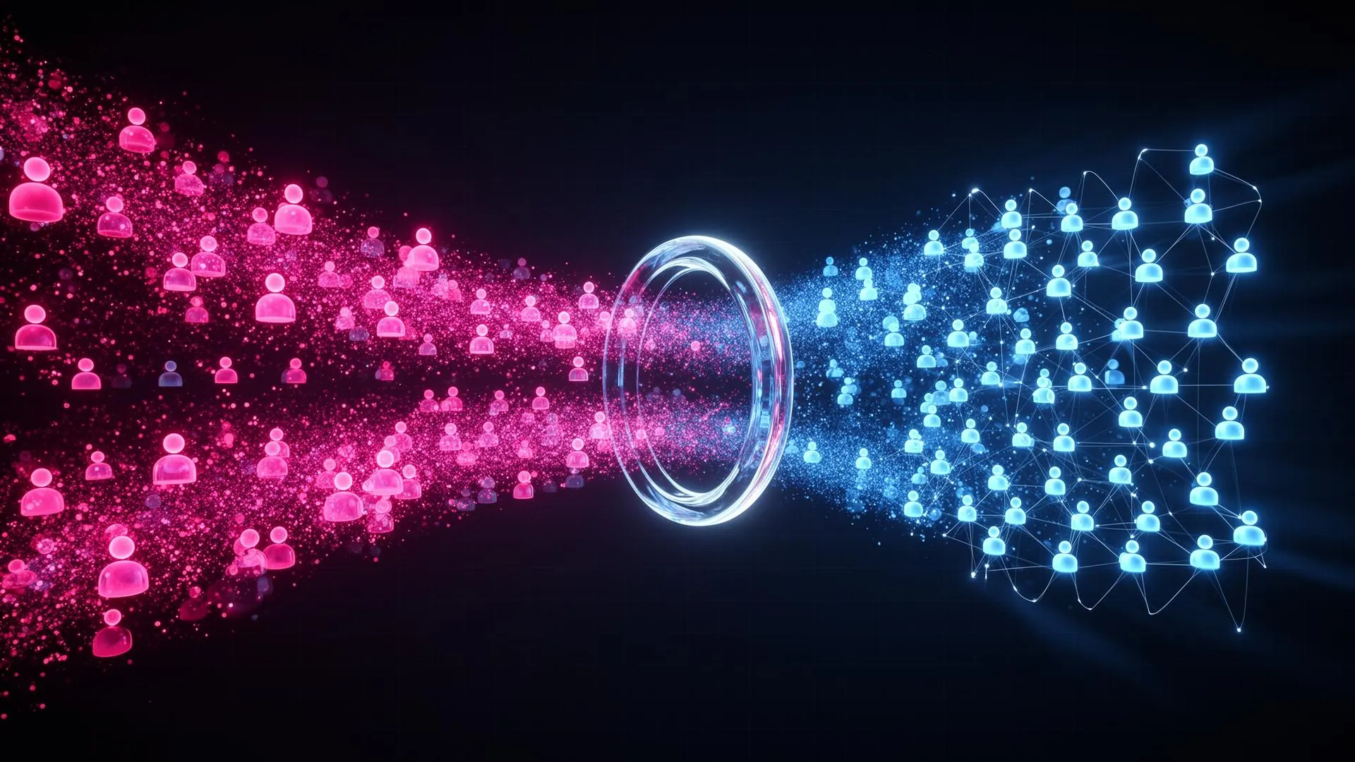 Stylized illustration of contact cards flowing into a glowing funnel and routing to multiple subcompany office buildings