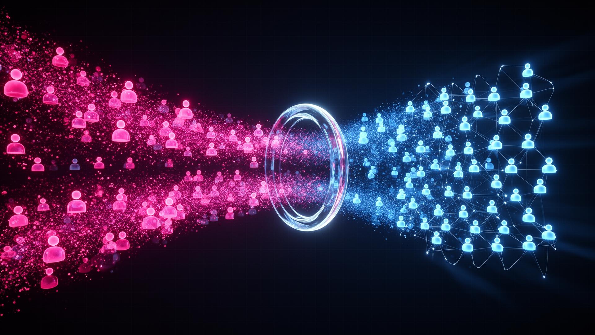Stylized illustration of contact cards flowing into a glowing funnel and routing to multiple subcompany office buildings