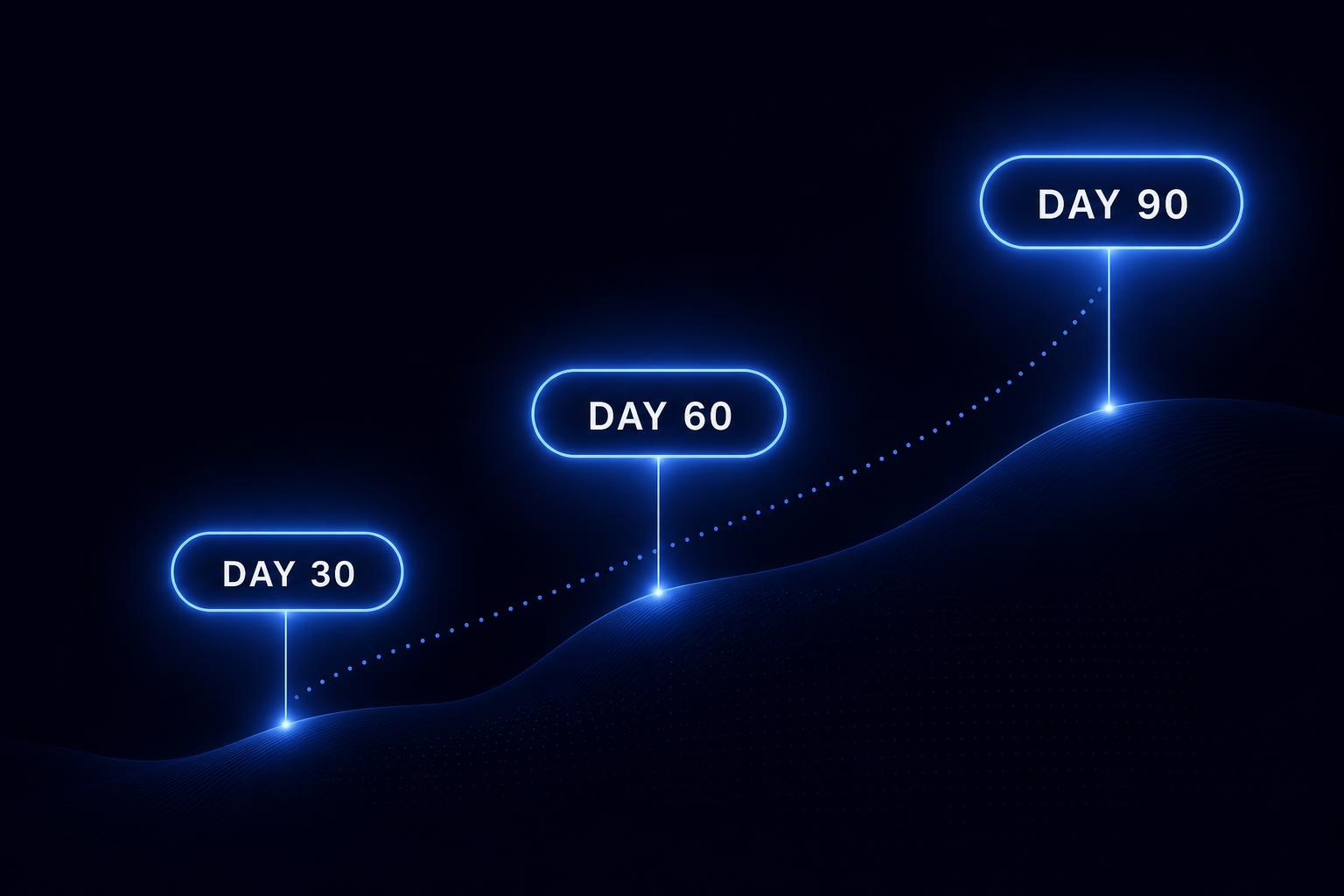 Abstract dark illustration with three glowing milestone pills marked Day 30, Day 60, and Day 90 ascending on a deep navy background, representing a 90-day door-to-door sales app adoption plan