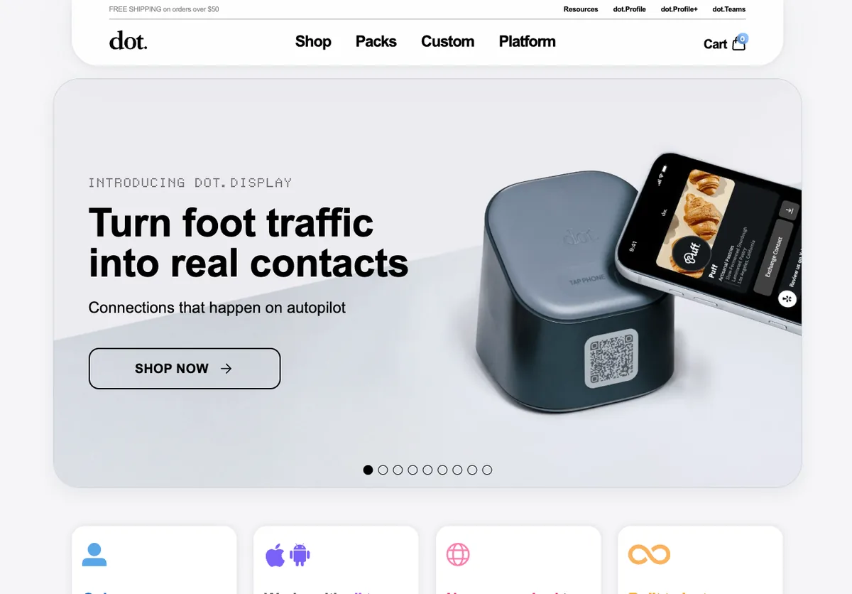 Dot homepage showing its NFC display device turning foot traffic into contacts