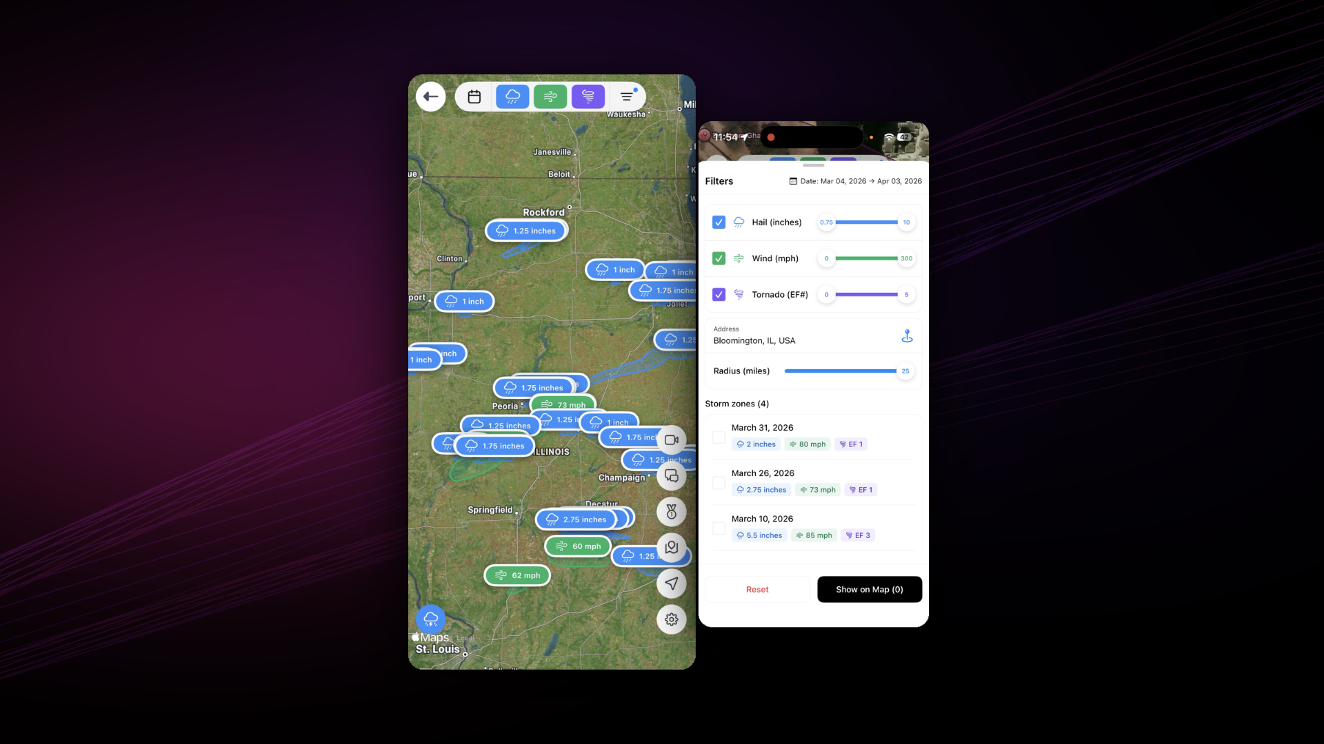 HailTrace storm zone map with filters for hail size, wind speed, and tornado strength