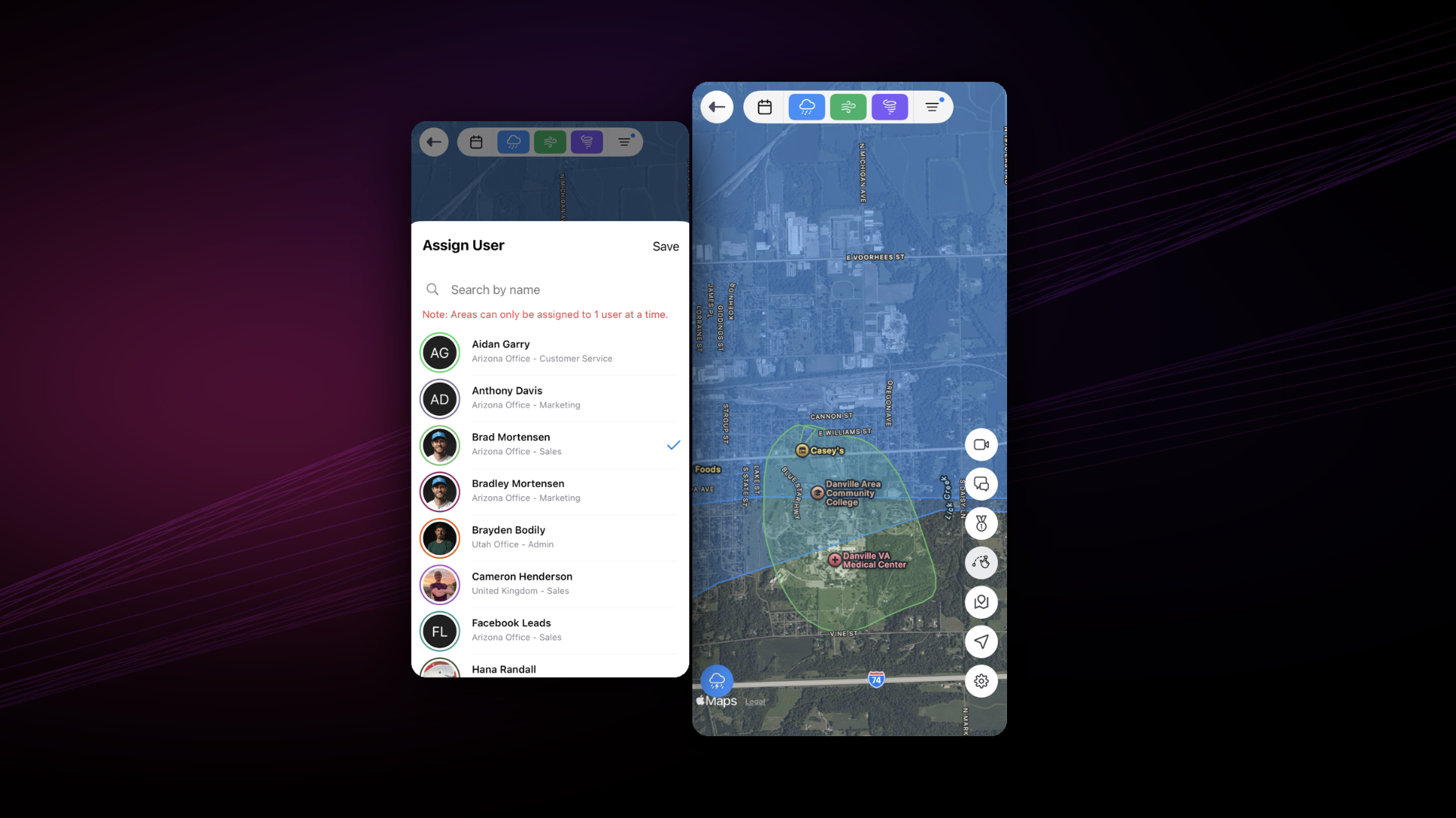Territory assignment view showing storm zone boundaries and rep assignment