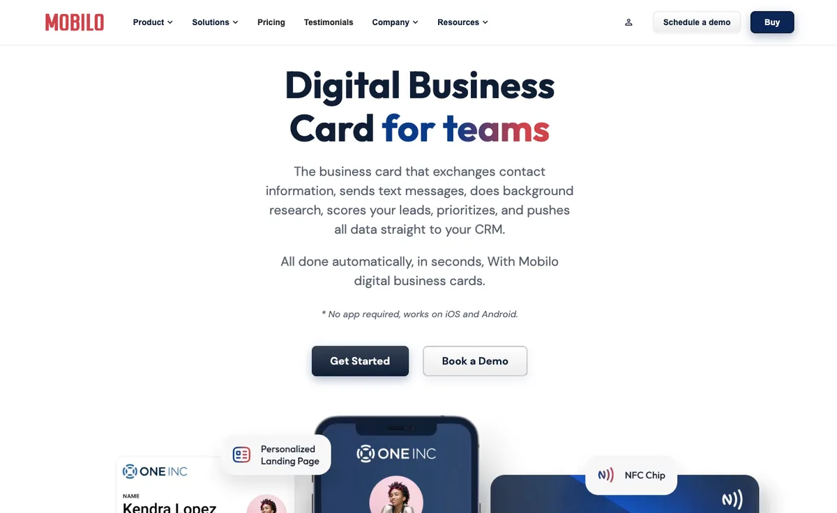 Mobilo homepage showing digital business cards for teams with NFC cards and CRM sync