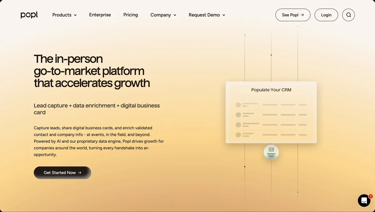 Popl homepage showing its lead capture and CRM enrichment platform