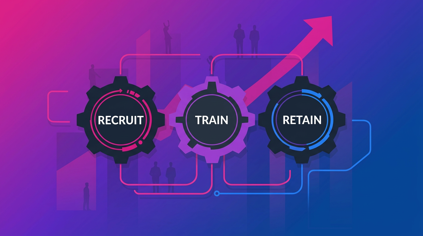 Recruit, Train, and Keep D2D Sales Reps: three interconnected gears representing a unified system for home services field sales teams