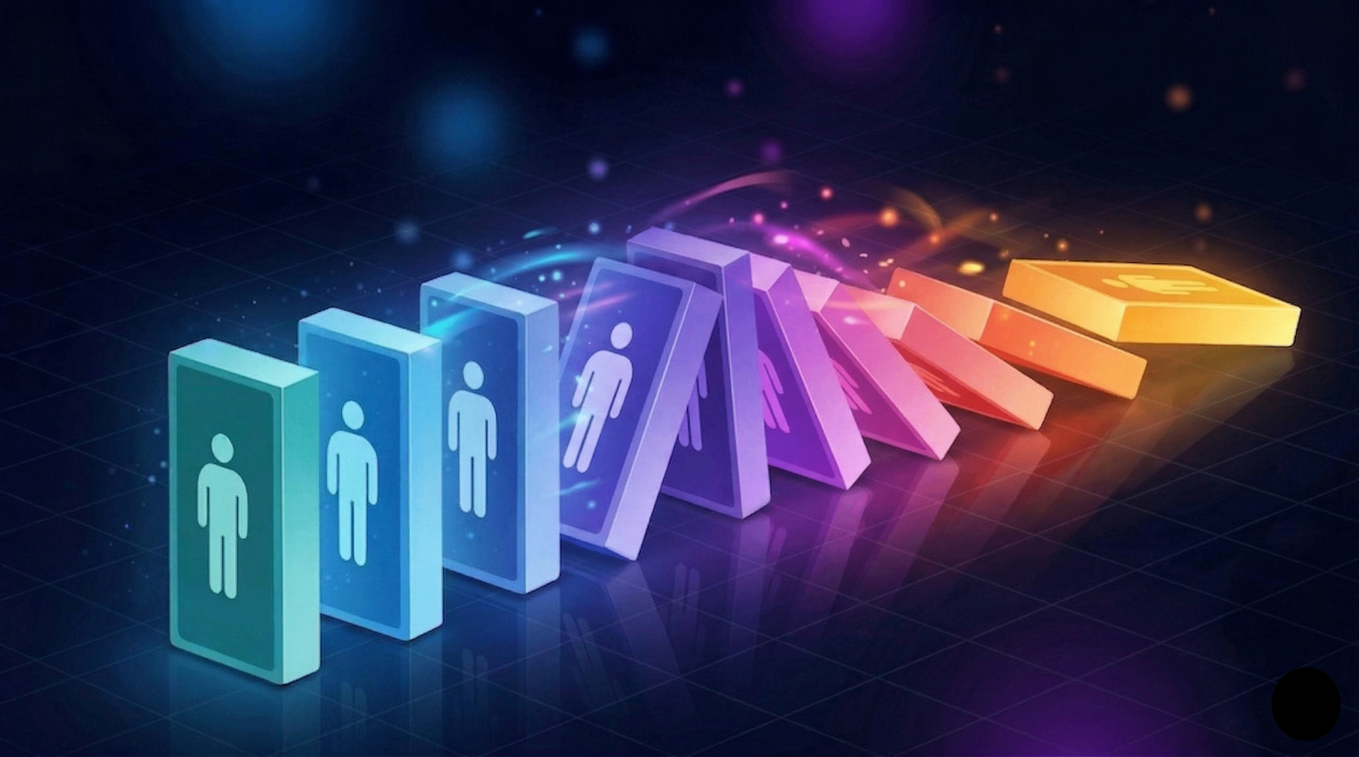 Abstract illustration representing team stability and retention in door-to-door sales with connected human silhouettes and upward-trending elements