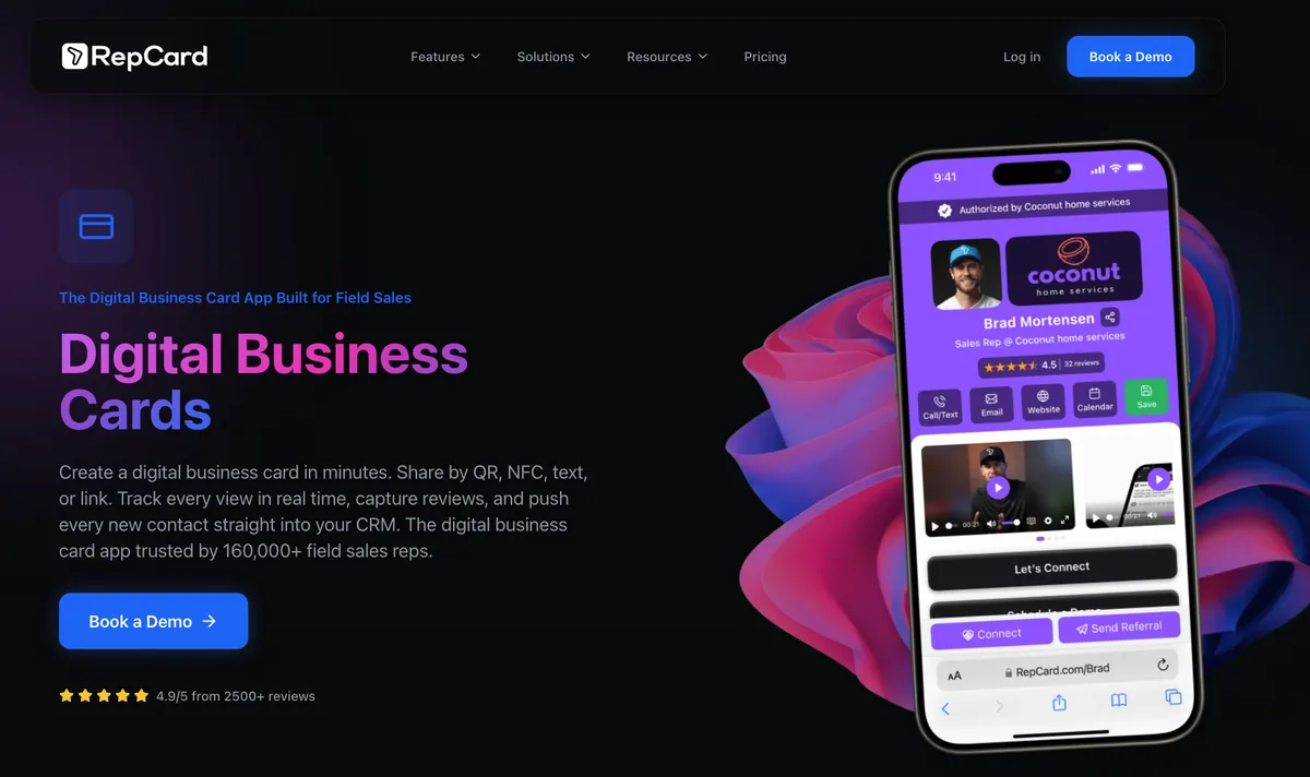 RepCard homepage showing its digital business card app for field sales with a rep card, video, and review rating