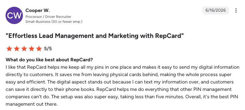 RepCard G2 review showing 4.9 star rating for door-to-door home services teams