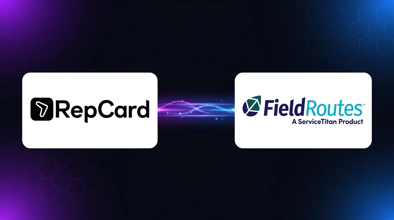Abstract dark illustration of two glowing geometric platforms connected by a luminous data bridge representing RepCard integrating with ServiceTitan and FieldRoutes