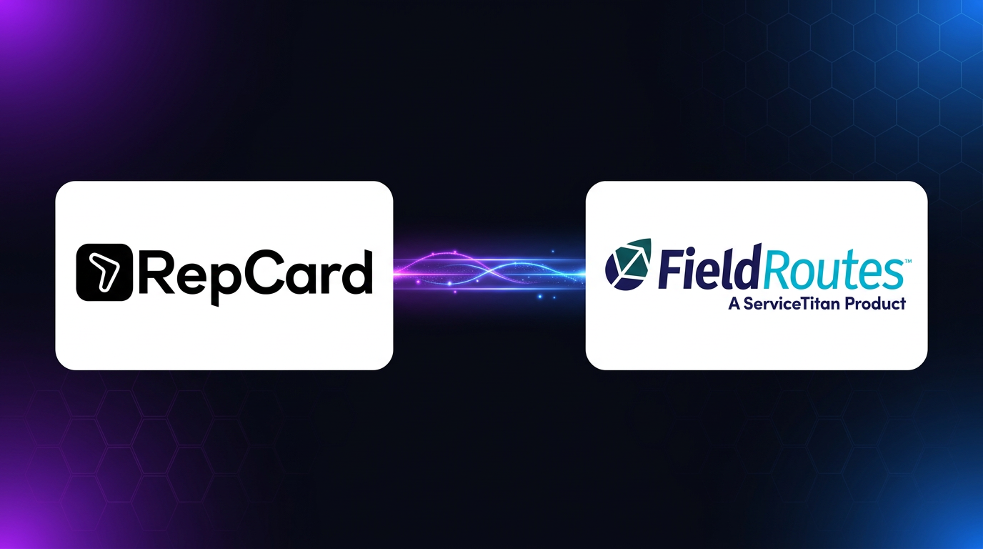 Abstract dark illustration of two glowing geometric platforms connected by a luminous data bridge representing RepCard integrating with ServiceTitan and FieldRoutes