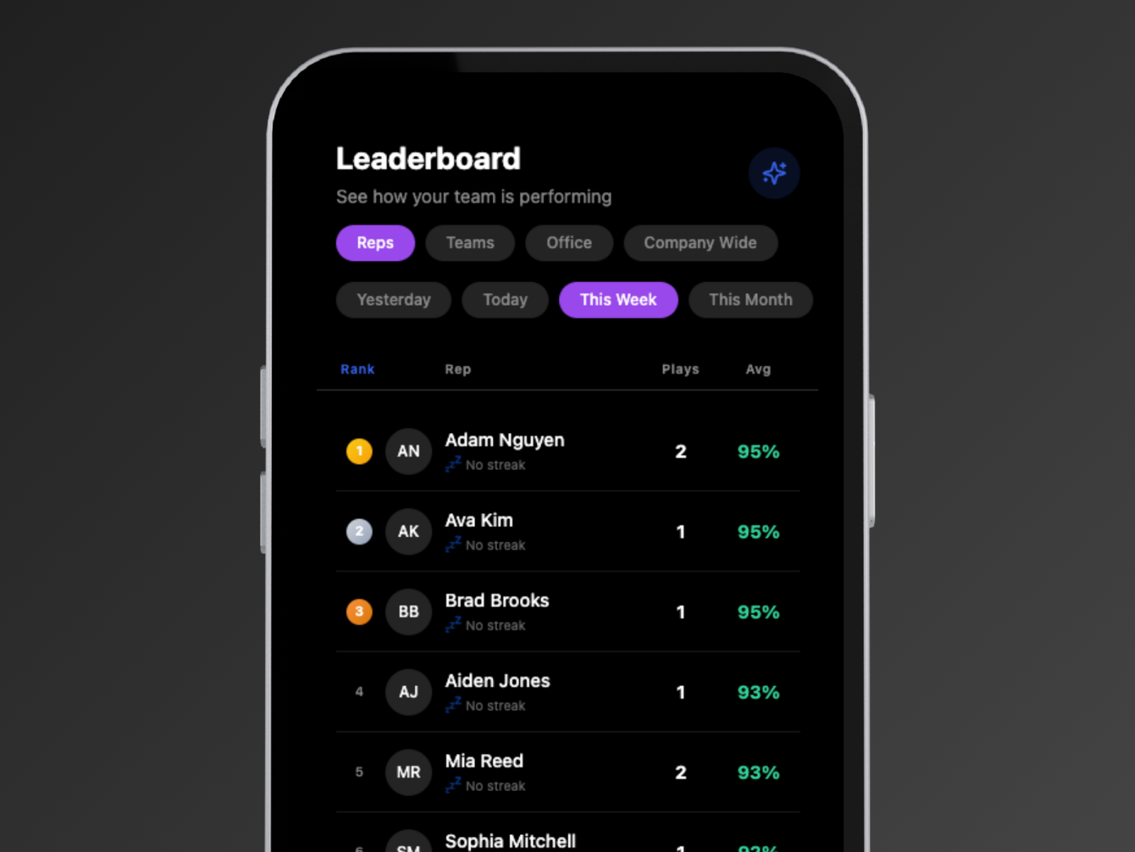 Product screenshot: "listen to others" feed showing recordings and scores