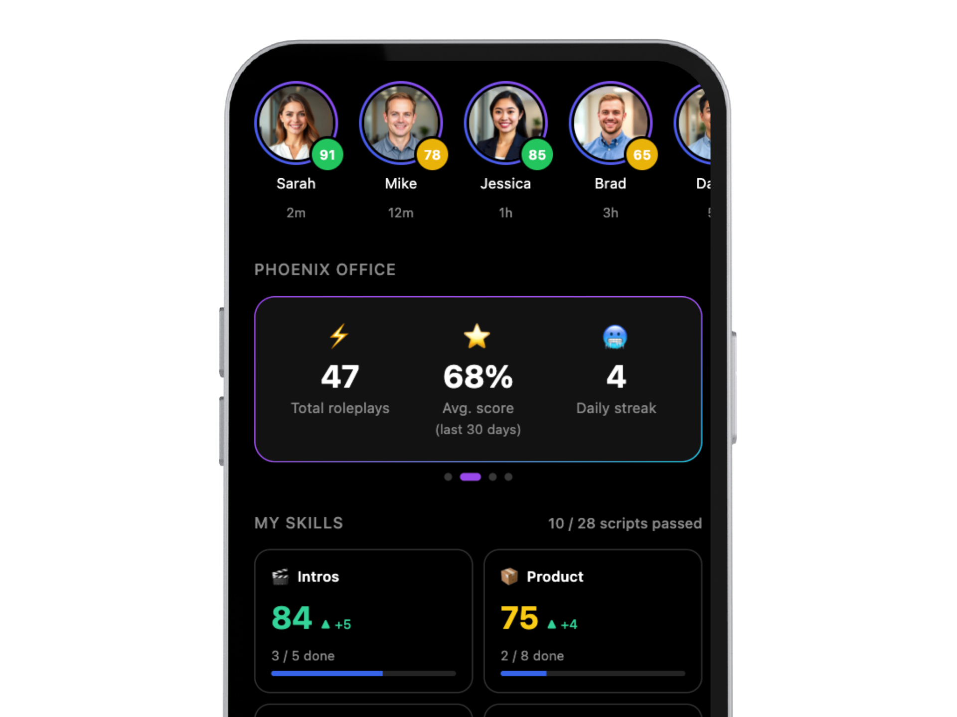 Sossy app dashboard showing roleplay scores and recent practice sessions