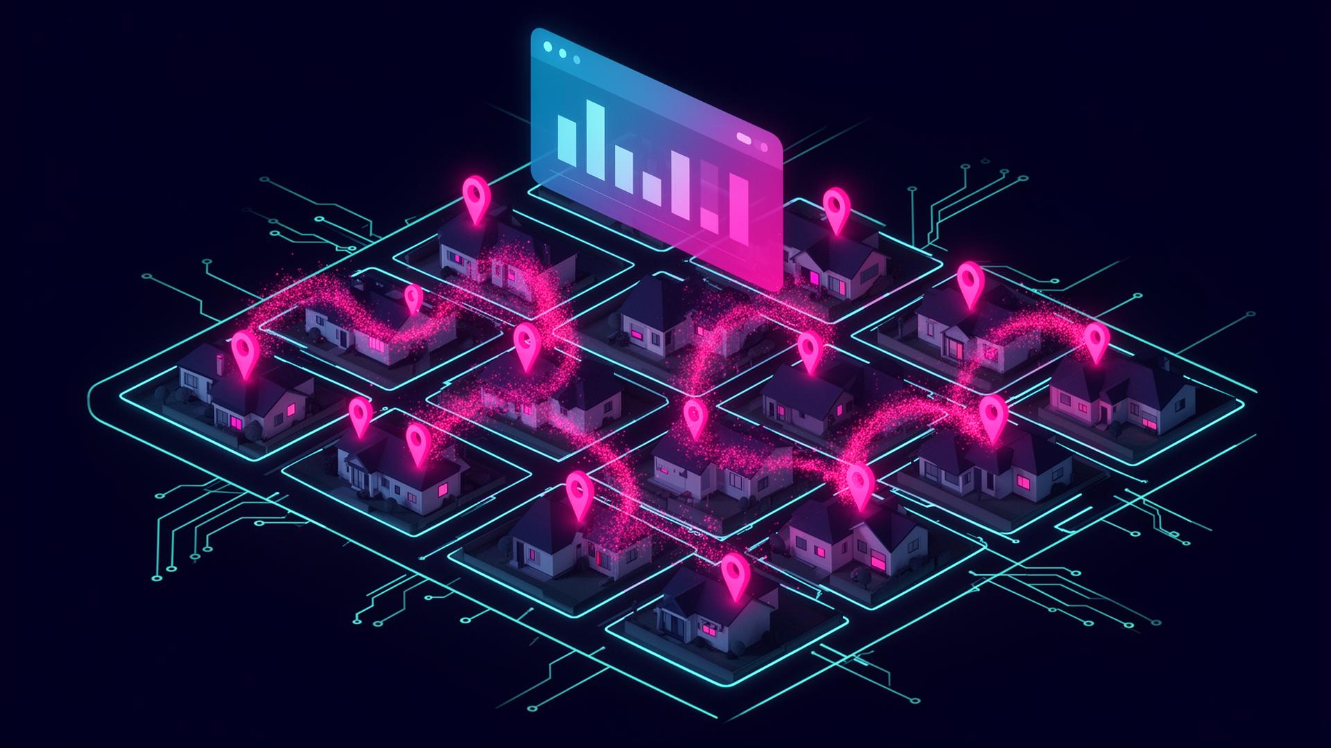Abstract illustration of a glowing digital business card on the left and a holographic territory map with pin-drops on the right, on a deep navy background