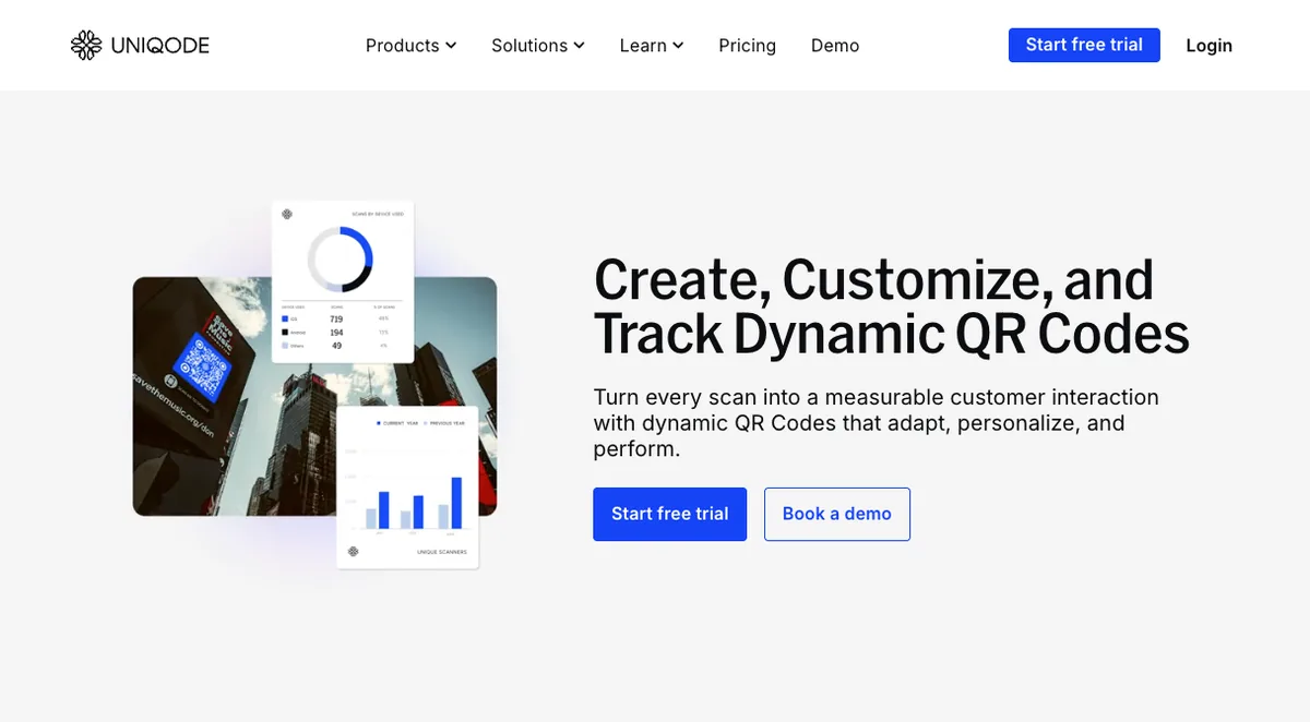 Uniqode homepage showing dynamic QR code creation and scan analytics dashboards