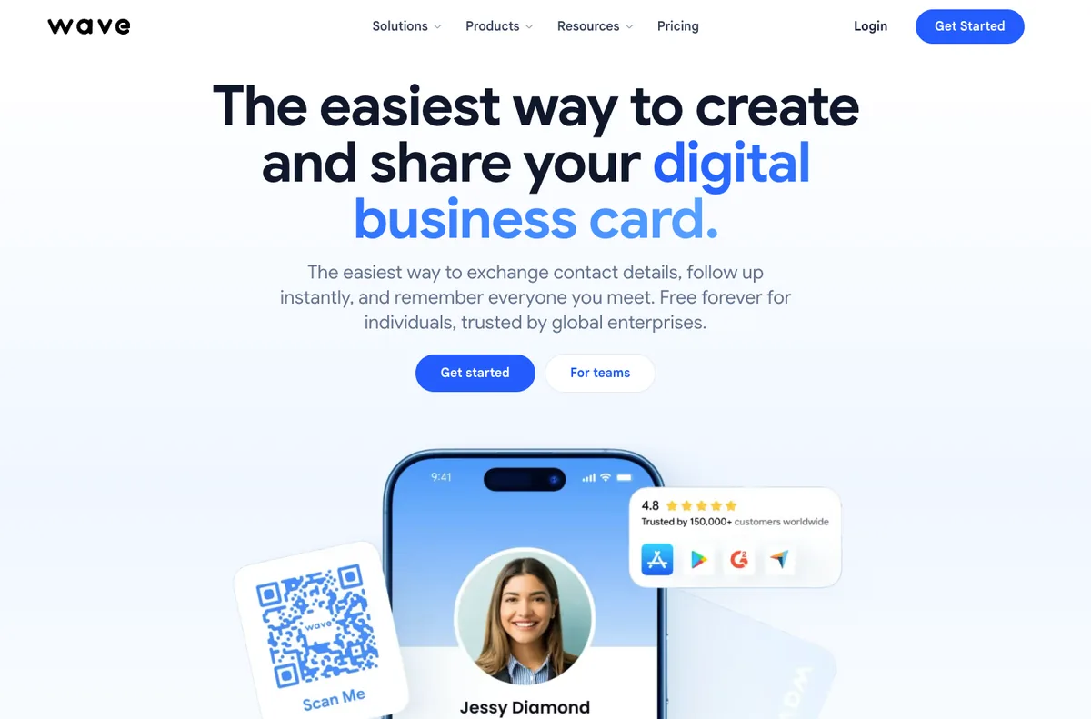 Wave Connect homepage showing a digital business card with a QR code and app store ratings